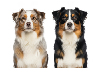 Two australian shepherd dogs portrait, blue merle and black tri, cute puppy dog breed, pet photography isolated on transparent background