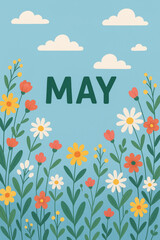 Vertical MAY Illustration with Colorful Flowers and Blue Sky – Bright Spring Floral Design