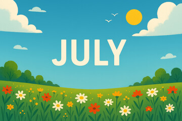 July Illustration with Mountains, Flowers, Sun, Birds, and Clouds – Bright Summer Landscape Art