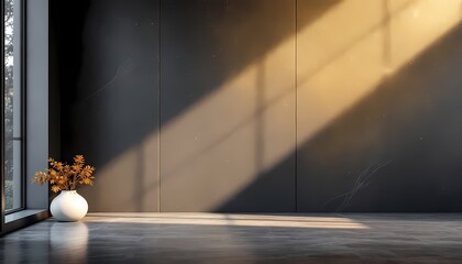 Minimalist modern interior with sunlight on dark wall and white vase