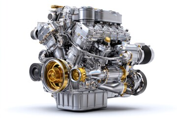 Fototapeta premium A powerful V12 engine is showcased in a studio setting against a white background.