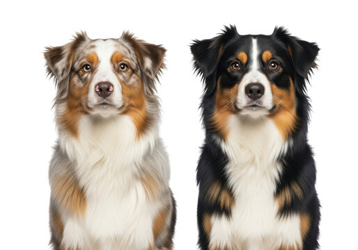 Two australian shepherd dogs portrait, blue merle and black tri, cute puppy dog breed, pet photography isolated on transparent background