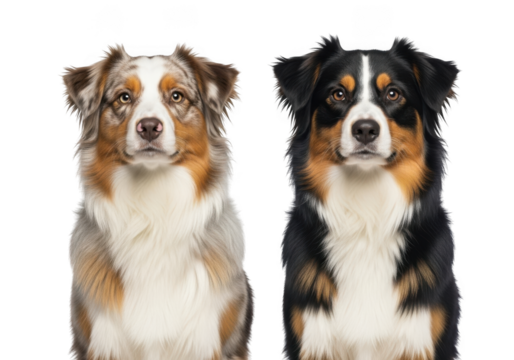 Two australian shepherd dogs portrait, blue merle and black tri, cute puppy dog breed, pet photography isolated on transparent background