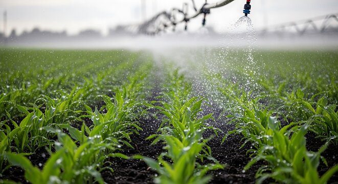 Crop Duster Sprays Field of Young Corn Plants.