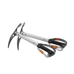 Fototapeta premium Two ice axes for climbing and mountaineering gear equipment - silver and black - professional tools for ice climbing isolated on transparent background