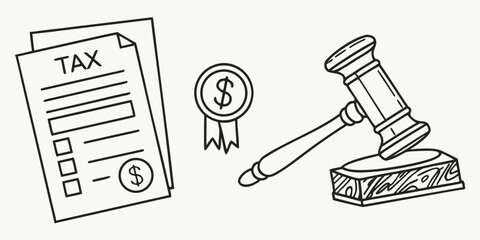 Illustration of tax form, dollar coin, and gavel representing financial law and legal compliance issues