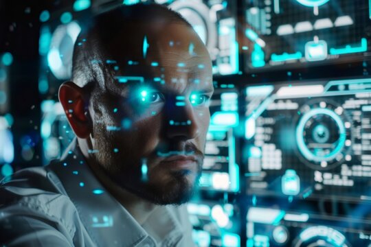 Man accessing futuristic data with glowing eyes