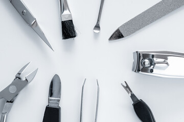 set of metallic manicure tools macro