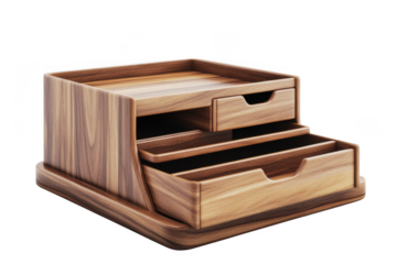 Wooden desk organizer with drawers, wood desktop storage box, office supply holder, home organization, natural wood finish, isolated on transparent background