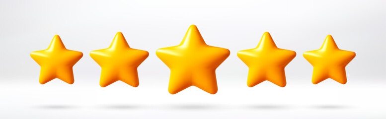 Five yellow star rating. Review and feedback concept for excellent product quality. Customer satisfaction survey with 3d rendering star icon. Vector illustration