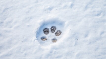 A clear animal paw print is embedded in fresh, undisturbed snow, highlighting the animal's recent passage.