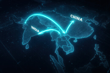 India China trade route concept map with glowing digital arcs connecting countries, neon network lines, futuristic logistics visualization and global commerce energy