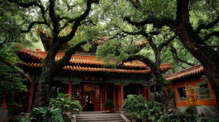 Obraz premium Confucian Temple has a roof covered with vermilion glazed tiles and ancient trees
