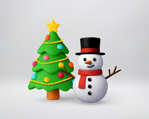 3d cartoon Christmas tree and cheerful snowman illustration. Festive holiday design with snow, winter, and celebration elements. Vector illustration