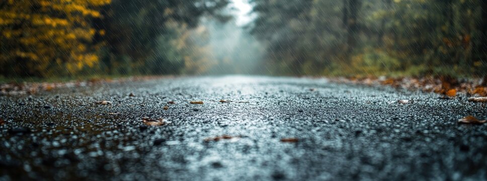 A wet asphalt road stretches into a misty forest on a rainy day, creating a sense of depth and isolation.