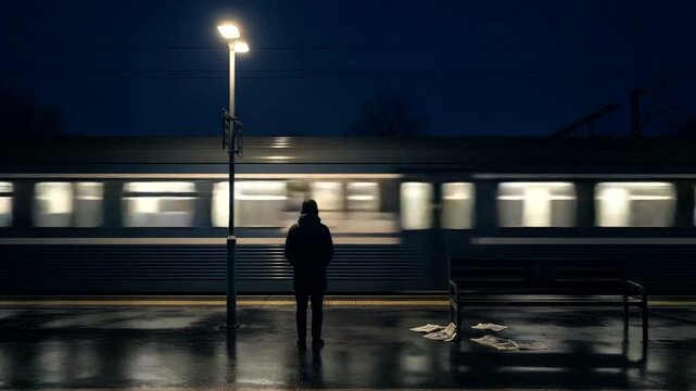 A solitary figure waits at a dimly lit train station as a train rushes past under a night sky