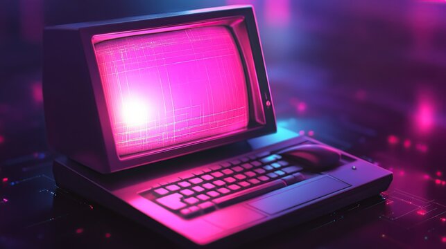 A vintage computer sits on a desk, illuminated by vibrant neon pink and blue lights, creating a retro-futuristic aesthetic.