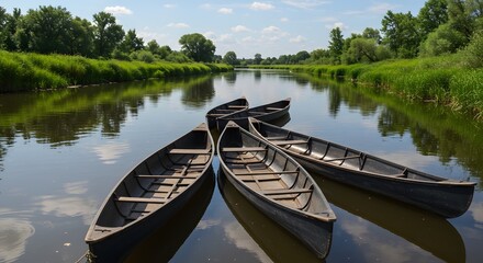 Fototapeta premium Canoes on Tranquil River A Peaceful Nature Scene