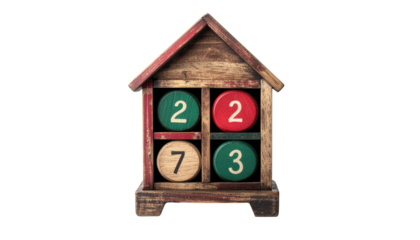 Wooden house toy with numbers 2,2,7,3, symbolizes new year, with a touch of nostalgia and anticipation. Isolated On Transparent and White Background