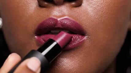 Beautifully applying a rich berry lipstick step by step. The focus is on the careful strokes and the perfect finish for a bold evening look