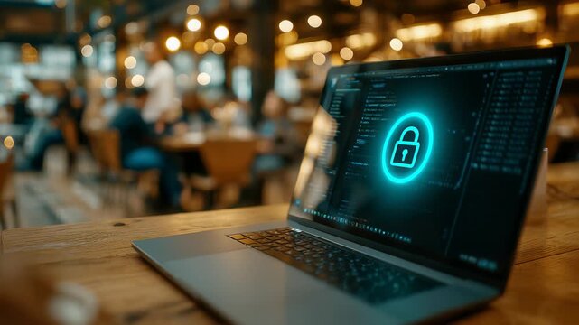 Laptop with Security Lock Icon on Screen Displayed in a Busy Cafe, Data Protection and Cybersecurity Concept