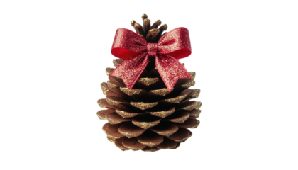 festive pine cone, adorned with a shimmering red bow, encapsulates the spirit of the holiday season, embodying nature's elegance and the joy of gifting. Isolated On Transparent and White Background