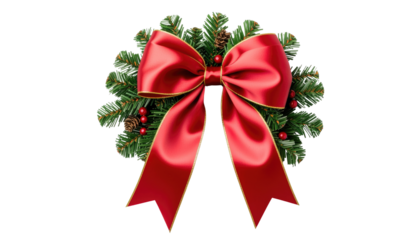 festive evergreen wreath adorned with a brilliant red bow, celebrating the season's joy and festive spirit. Isolated On Transparent and White Background