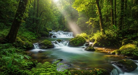 Obraz premium Lush Rainforest Cascade: Sunlit Stream with Mossy Rocks and Verdant Foliage