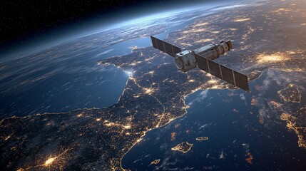 A satellite is flying over the ocean and the land