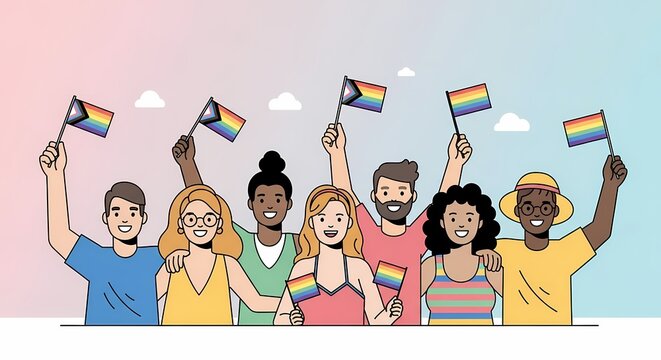 A diverse group of cute cartoon friends in sunglasses dancing together at an outdoor music festival.