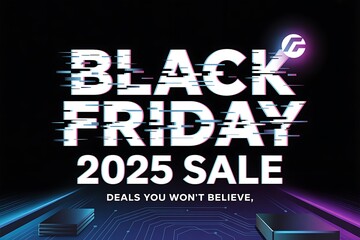 Dynamic black friday 2025 sale advertisement with glitch effect and futuristic lighting