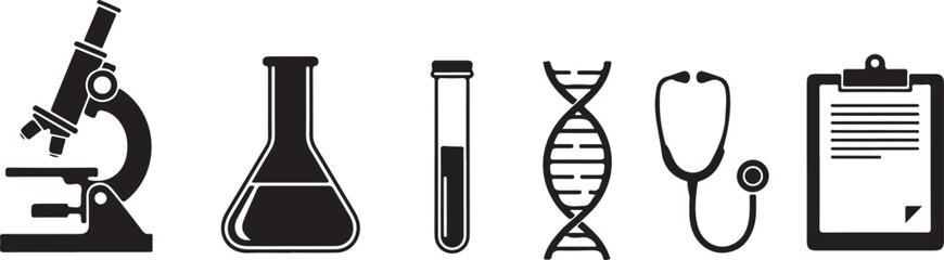 Collection of medical and scientific research icons for healthcare and analysis in black line art style vector