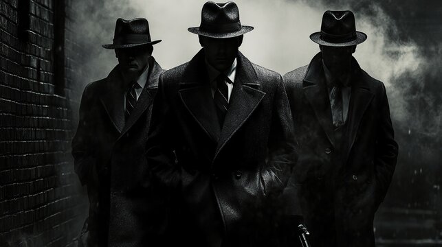 Three men in dark overcoats and hats walk down a dark alleyway, shrouded in smoke, exuding an aura of mystery and authority.