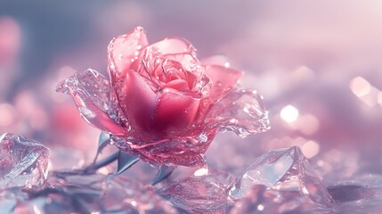A delicate rose blooms encased in shimmering ice, creating a surreal and ethereal aesthetic with a dreamy, pink and purple color palette.