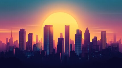 A stylized cityscape silhouette glows under a vibrant sunset, featuring tall skyscrapers and a radiant sun.