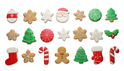 Festive holiday cookies, a sweet assortment of treats shaped like a stocking, Santa, snowflake, and tree. Holiday Baking inspiration. Isolated On Transparent and White Background