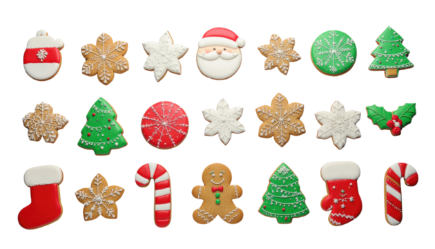 Festive holiday cookies, a sweet assortment of treats shaped like a stocking, Santa, snowflake, and tree. Holiday Baking inspiration. Isolated On Transparent and White Background - Powered by Adobe