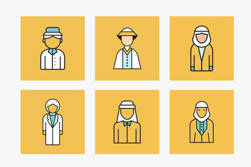 Vector illustration set of business people icons, including silhouette figures of men and women in a team setting