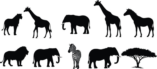 African wildlife silhouettes, elephants, giraffes, zebra, lion, lioness, horse, acacia tree, savanna animals, safari nature, sunset background, wilderness