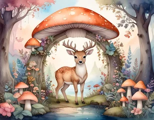 Ingelijste posters Bosdieren Whimsical forest scene featuring a deer under a giant mushroom  © Baskom