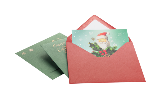 festive holiday cards in elegant envelopes, filled with season's greetings and joy. an inviting and cheerful scene for festive season. Isolated On Transparent and White Background