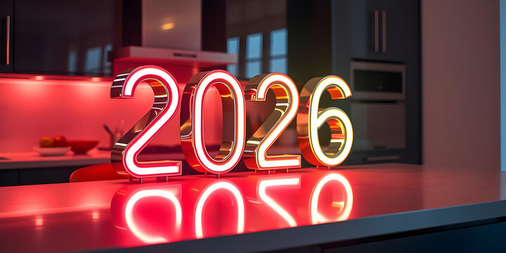 3D neon “2026” on modern kitchen counter, colorful reflections on shiny surfaces.