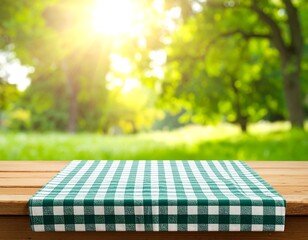 Wooden table covered with a green checkered cloth, sunlit park backdrop