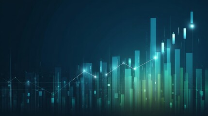 Futuristic financial growth illustration with upward trends, candlesticks, and bar graphs