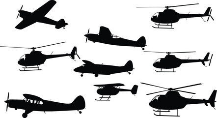 Aircraft silhouettes, airplane illustration, helicopter silhouettes, aviation design, biplane artwork, monoplane silhouettes, flying machines, aviation concept, aircraft artwork, aviation collection © Creatives Sakib