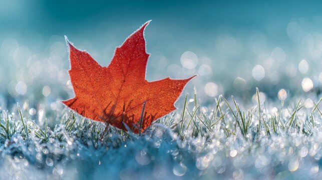 Radiant red maple leaf on frosty grass with sparkling hoarfrost at dawn in autumn s embrace