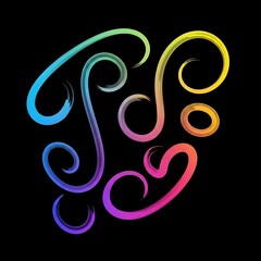 Abstract artwork featuring colorful, swirling brushstrokes against a stark black background, creating a vibrant visual.