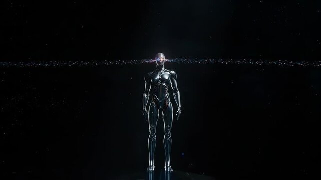 Futuristic android gazes at distant neon city lights in the night sky
