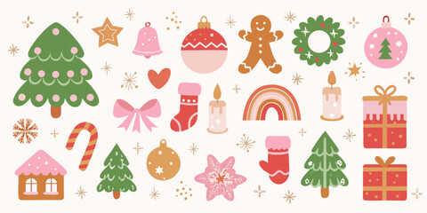 Collection of cute and whimsical christmas holiday elements in a soft pastel color palette