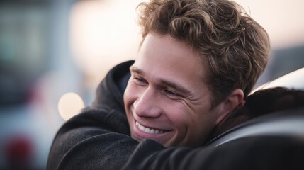 Obraz premium Smiling man embraces object with joyful expression in natural daylight environment